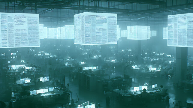A busy newsroom where an AI assistant summarizes breaking news on a floating screen
