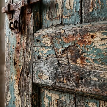 Close up of a weathered rustic wooden door with peeling blue paint and a rusty iron latch