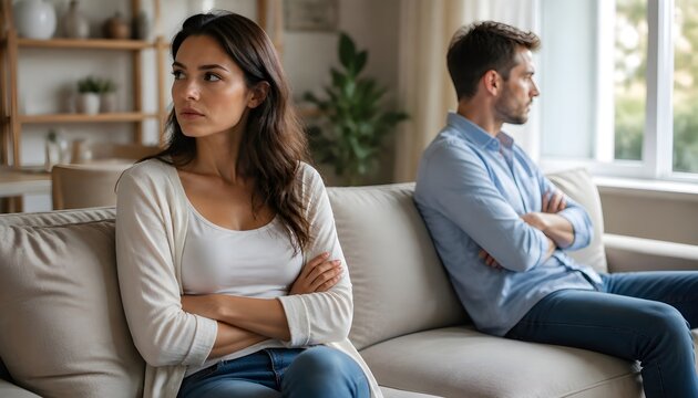 Unhappy Young Couple Ignoring Each Other After a Serious Argument in the Living Room