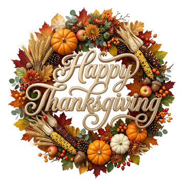 Happy thanksgiving greeting card with a festive autumn wreath made of pumpkins, colorful fall leaves, corn, and berries for seasonal holiday celebration and home decoration design
