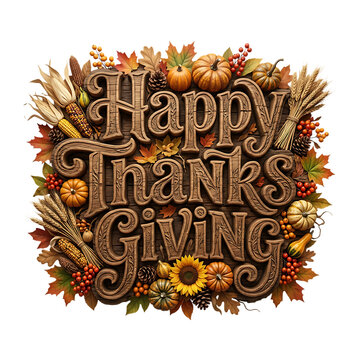 Happy thanksgiving wooden text sign with autumn leaves pumpkins and sunflowers decoration for seasonal holiday celebration