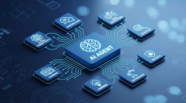 Artificial intelligence agent central node connecting digital business processes and advanced technological infrastructure network systems with board background isometric