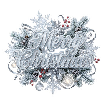 Merry christmas festive text design with silver glittery typography surrounded by winter pine branches snowflakes and red holly berries for seasonal holiday greeting cards and winter decorations