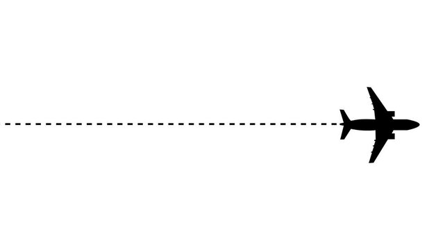 Animated airplane flying on dash line path from left to right with start point and dash line trace. 4k