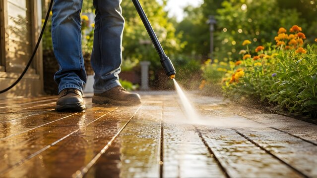 Man Using a High Pressure Washer to Clean a Wooden Garden Decking Surface During the Daytime