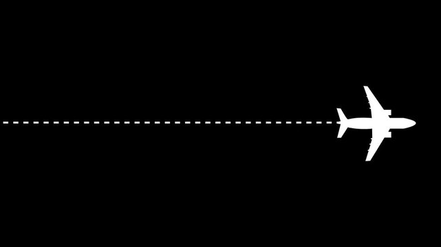 Animated airplane flying on dash line path from left to right with start point and dash line trace. Dashed line route animation 4k
