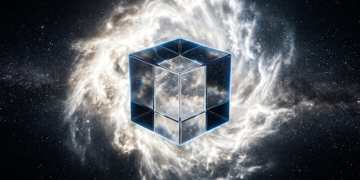 Glass cube in vast swirling galaxy background representing quantum computing, advanced technology, and abstract scientific concepts.