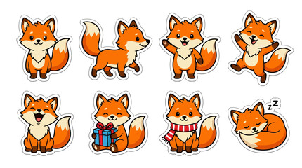 Fototapeta premium Cute cartoon fox sticker set,Adorable fox sticker pack with multiple poses and emotions,vector illustration.