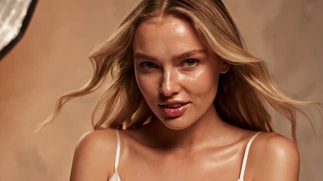 Young woman posing with subtle expression against a neutral beige backdrop video portrait model