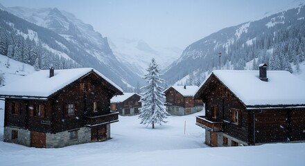 Fototapeta premium 深く降り積もる真っ白な雪に静かに包まれた山間の趣ある村 伝統的な木造シャレーが点在し中央に凛と立つ一本の雪松 曇り空からの穏やかで柔らかな自然光が幻想的な冬の銀世界全体を美しく照らし出す絶景. AI Generated