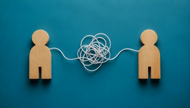 Wooden Figures Connected by a Tangled String Representing Complex Interpersonal Communication