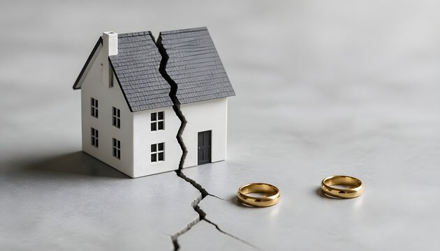 Broken Model House with Wedding Rings Symbolizing Legal Separation and Divorce Process