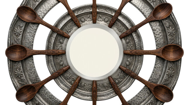 Top-down view of wooden spoons arranged in a circular pattern on an ornate vintage metal plate with a clean white center background.