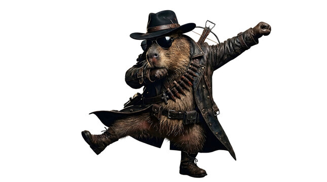 A tough capybara wearing a leather trench coat and a fedora hat strikes a dynamic action pose while carrying a heavy weapon during a fun adventurous quest through the wild southwestern desert