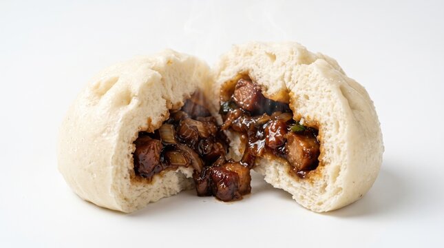 Steaming Hot Char Siu Bao Pork Bun Split Open Revealing Savory Meat Filling on White Background