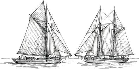 Vintage two masted sailing ships navigating calm ocean water isolated on white background for marine adventure design concept © Afroja