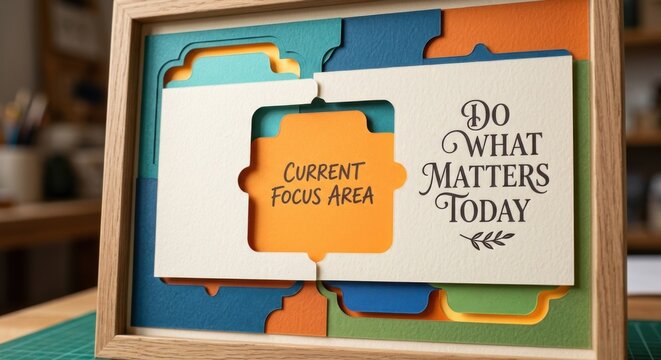 Colorful layered tabs and cards with focus area text and motivational quote