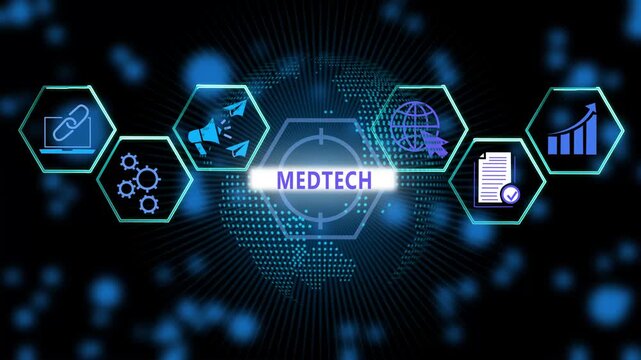 Advanced medtech digital interface featuring hexagonal and global network connectivity for modern healthcare innovation, medical research, biotechnology development, and future digital health