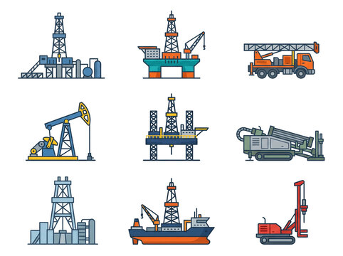 Comprehensive collection of oil and gas industry production icons featuring drilling rigs offshore platforms extraction machinery pipelines and industrial equipment silhouettes presented in a clean mi