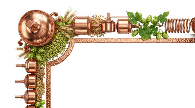Copper brewing equipment border featuring fresh hops and barley on a clean white background, capturing a rustic industrial craft beer aesthetic.