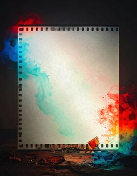 Abstract film strip with colorful ink smoke.