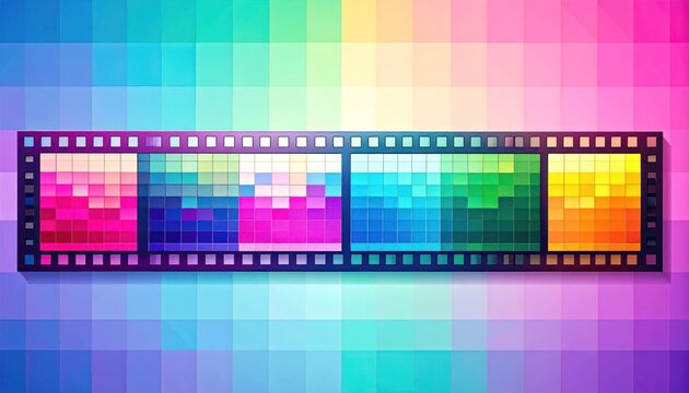 Abstract film strip with colorful pixelated frames.