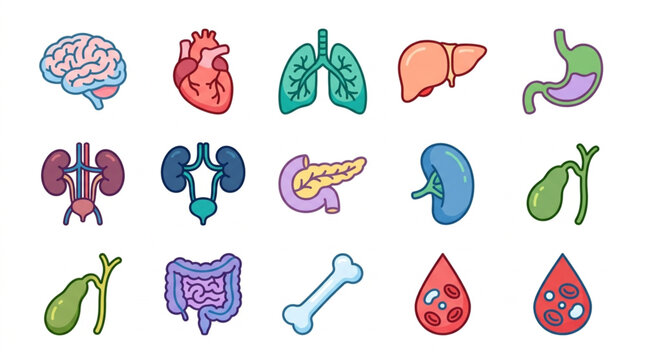 Colorful illustrated human organ collection set.