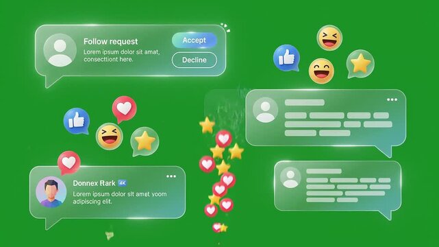 Social media notification pop-up with heart icon. Digital message alert on green screen.
