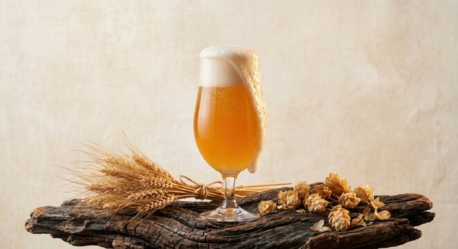 Glass of fresh craft beer with overflowing white foam on a rustic wooden board. Light golden draft ale, dry hops and wheat ears on a light background. Brewery, pub menu and alcohol drink concept.