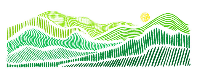 Obraz premium Minimalist mountain pattern with flowing agricultural green fields. Abstract oriental landscape texture featuring elegant curve and pencil graphic lines for grass backdrop and nature template