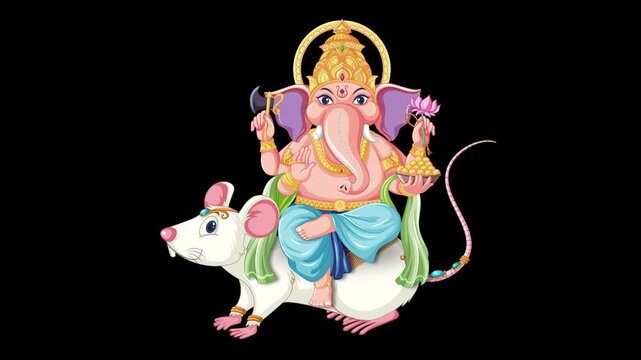 Animated Hindu Deity Ganesha Riding a White Rat on Black Background