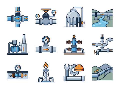 Detailed collection of industrial oil and gas pipeline icons featuring valves gauges pumps refinery equipment and maintenance tools designed with flat vector style graphics for engineering projects pr