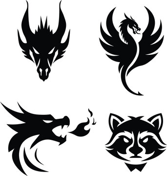 Black Animal Head Logo Set &ndash; Dragon, Phoenix, Wolf and Raccoon Silhouette Vector Icons