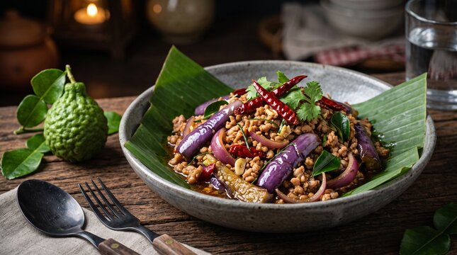 Thai Stir Fried Minced Meat with Purple Eggplant and Kaffir Lime Leaves