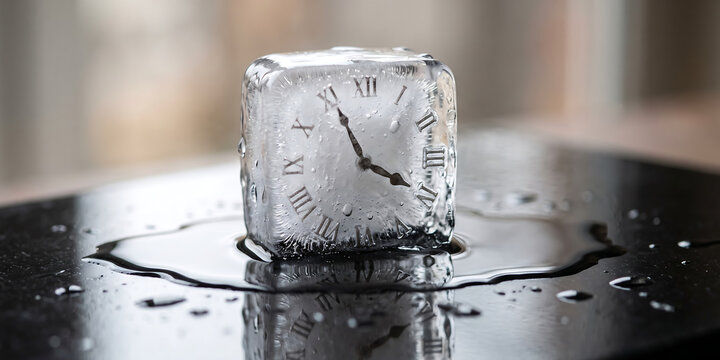 Melting ice cube with vintage roman numeral clock face inside sitting on dark reflective surface with water puddles conceptual time and freezing.