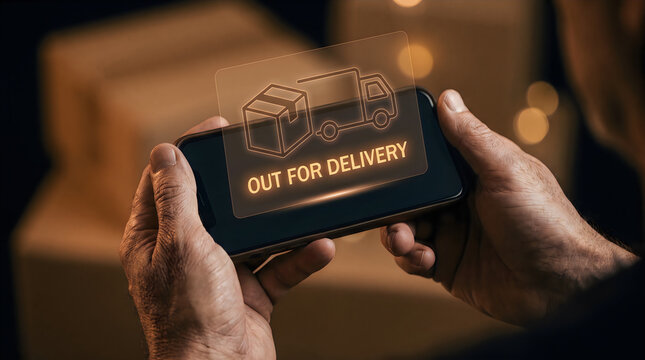 Out for delivery status on smartphone screen, logistics tracking app interface, hands holding mobile phone with shipping notification and parcel boxes
