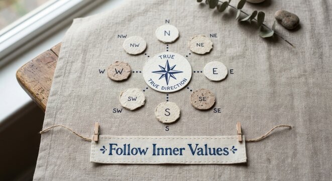 Handmade Compass Rose with Directional Points and 'Follow Inner Values' Banner