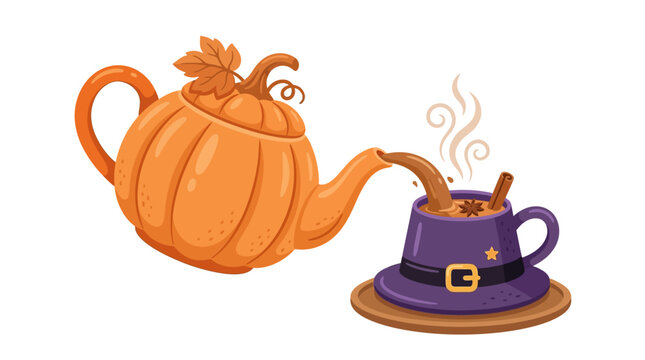 Pumpkin Teapot Pouring Spiced Autumnal Drink into a Witch Hat Mug