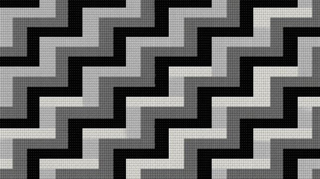 Seamless pixelated geometric pattern with repeating black and gray zigzag shapes on gray textured mosaic background shows abstract modern graphic design