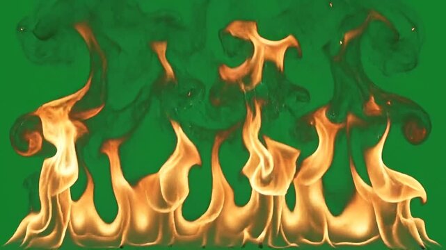 Real fire flames burning on green screen. Isolated inferno blaze for video compositing.