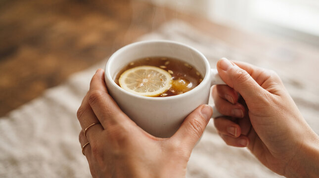 A person holding a white ceramic mug filled with hot tea and a slice of fresh lemon, with ad social media download thambnail poster web template event festival 2026 2027 2028