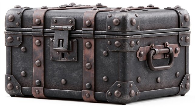 Vintage antique iron treasure chest with rusted metal straps and rivets displayed on plain white background shows old locked storage trunk concept