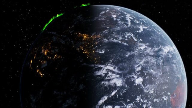 Realistic Earth From Space With City Lights And Aurora 4K
