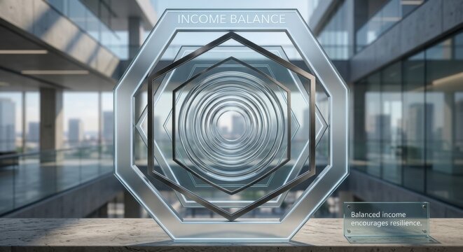 Geometric Glass Rings Structure with Income Balance Text and Blurred Background