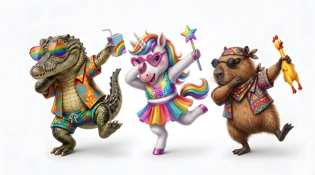 A vibrant alligator, a magical unicorn, and a cheerful capybara wear colorful summer party outfits while dancing joyfully together to celebrate a festive event during a bright tropical vacation