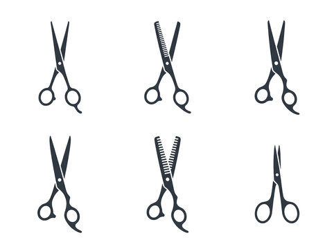 Six professional hair cutting scissors and thinning shears arranged in a neat collection featuring various metallic finishes and ergonomic black handles designed for salon stylists and barbers to achi