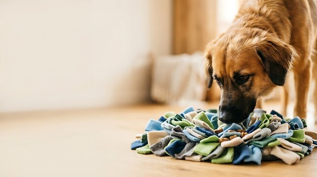 Brown dog using a colorful snuffle mat on a wooden floor