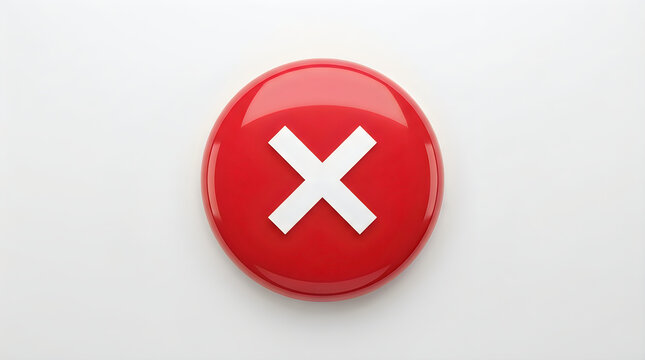 Glossy red circular button with a white cross symbol on a clean white background representing error or cancel
