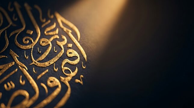 Golden arabic calligraphy on dark background with dramatic light