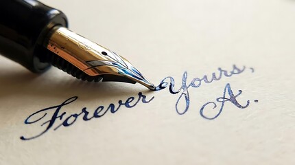 Fototapeta premium Fountain pen nib writing cursive script on paper.